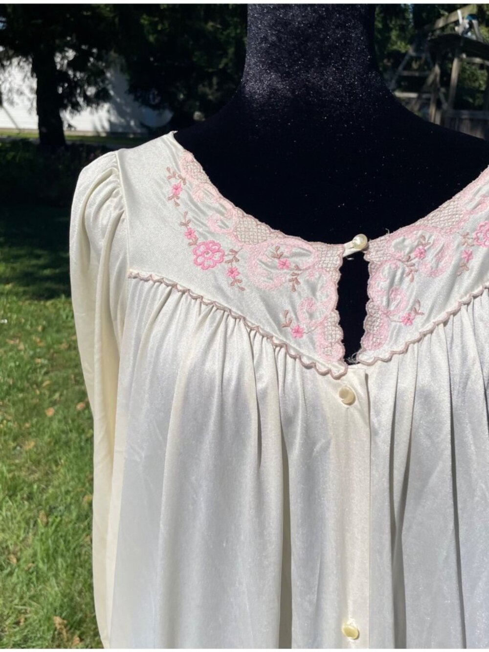 Vintage 70s Lorraine Robe Granny Gown Cream Pink Embroidered M Sheer Coquette